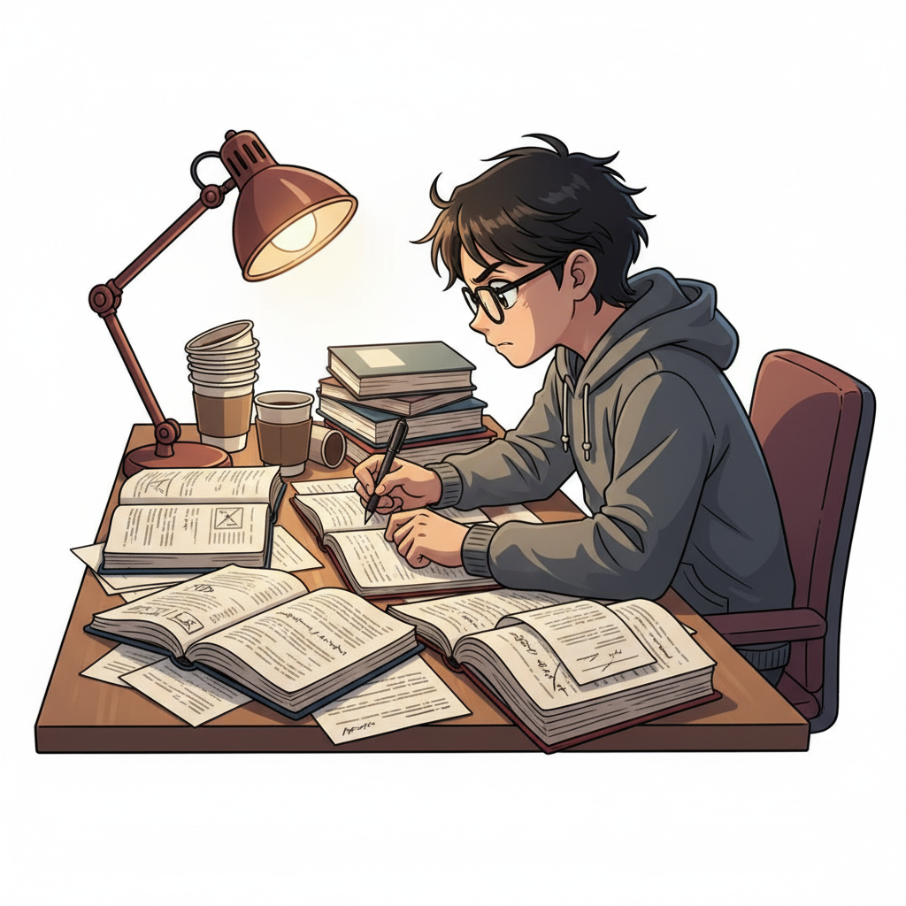 Ilustração mnemônica para o kanji 勉