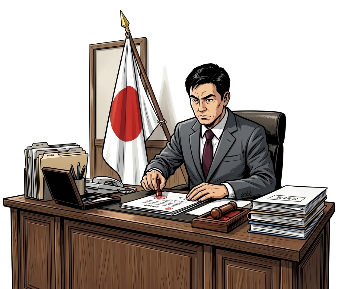 Ilustração mnemônica para o kanji 政