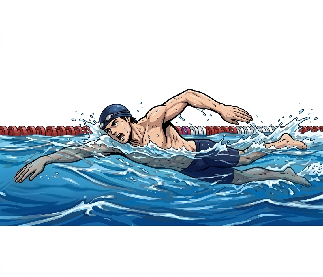 Ilustração mnemônica para o kanji 泳