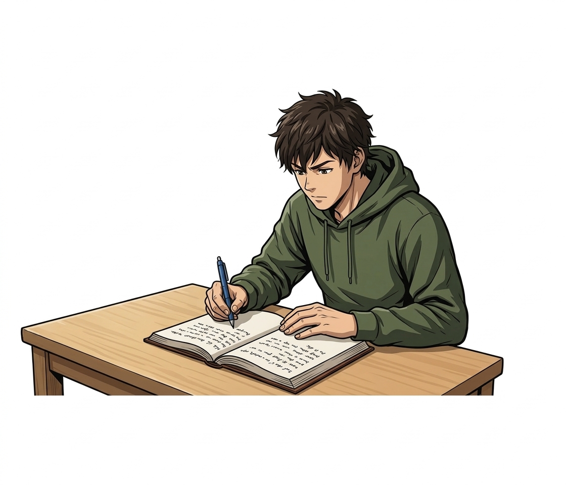 Ilustração mnemônica para o kanji 記
