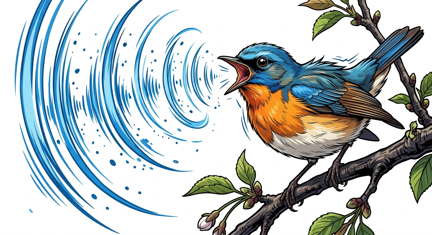 Ilustração mnemônica para o kanji 鳴