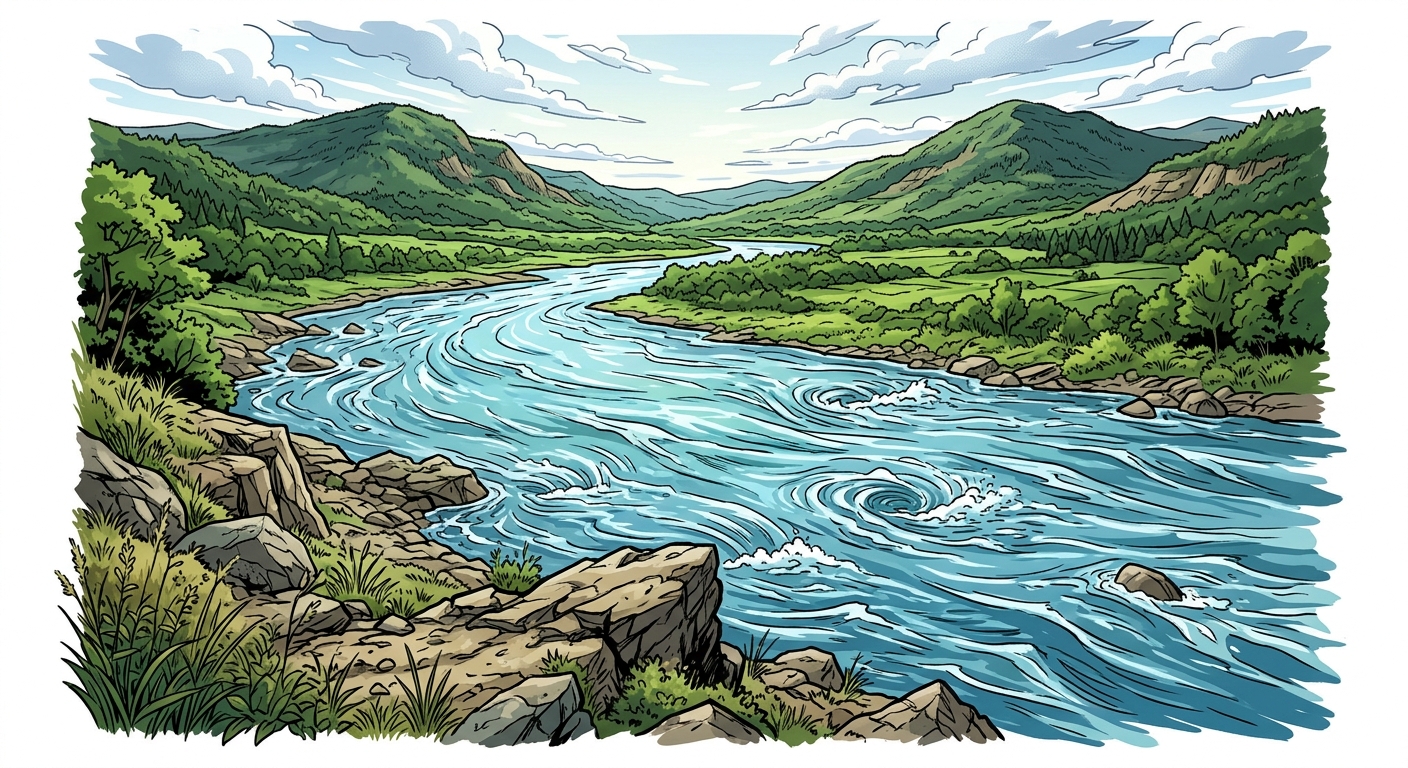 Illustration mnémonique pour le kanji 河