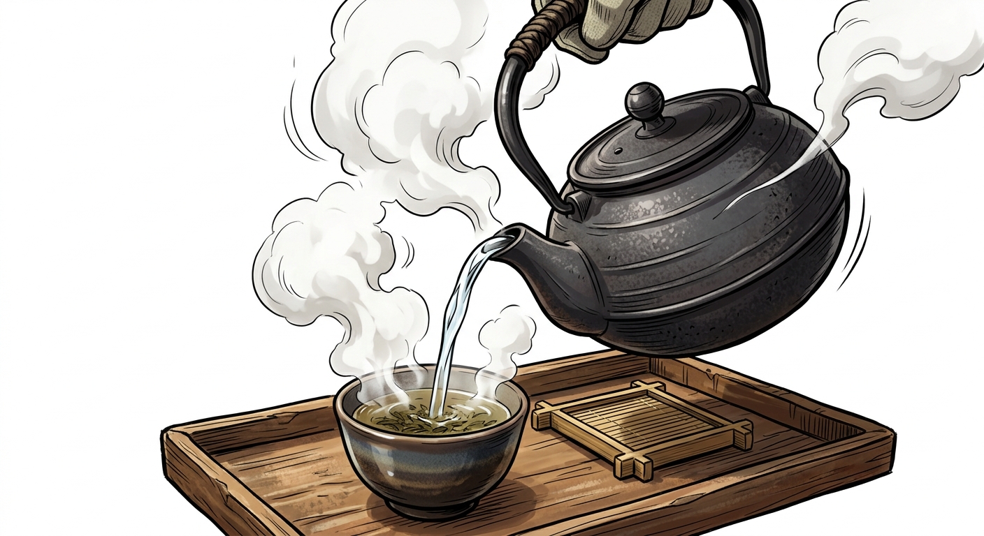 Ilustração mnemônica para o kanji 湯