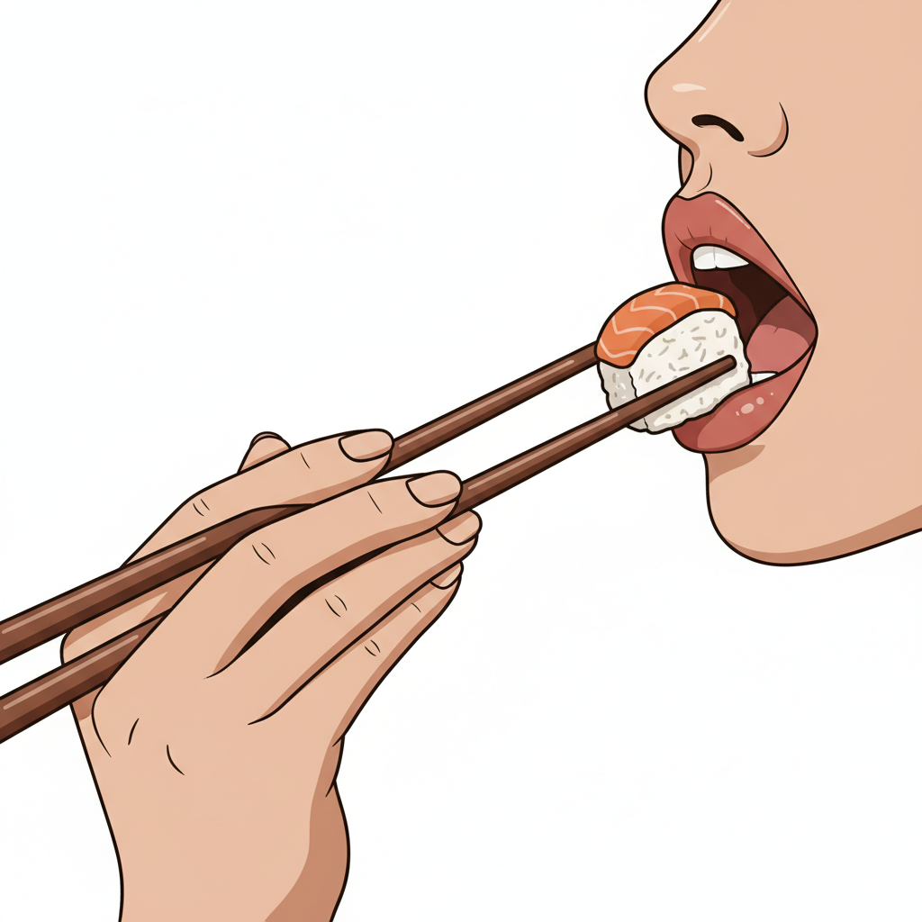 Ilustração mnemônica para o kanji 右