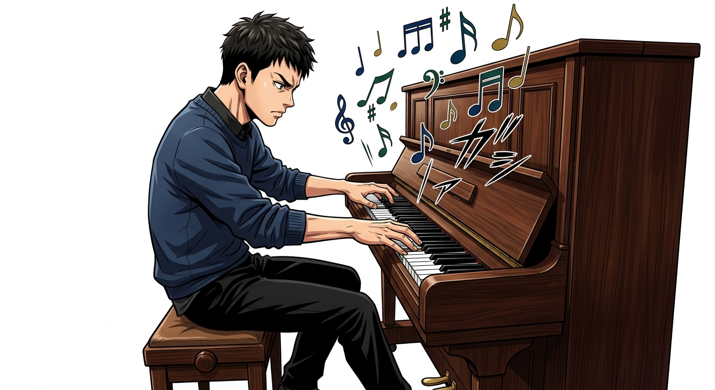 Illustration mnémonique pour le kanji 練