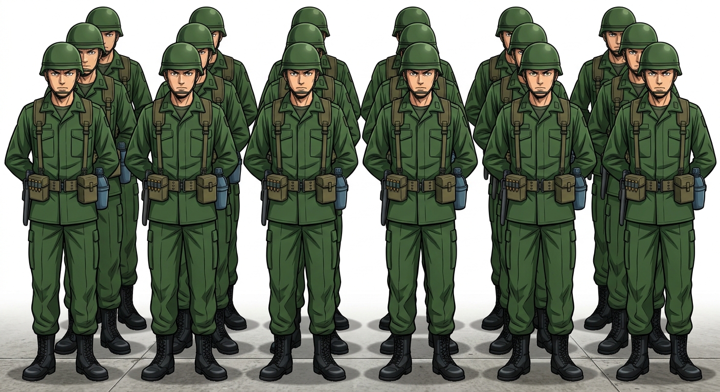 Ilustração mnemônica para o kanji 軍